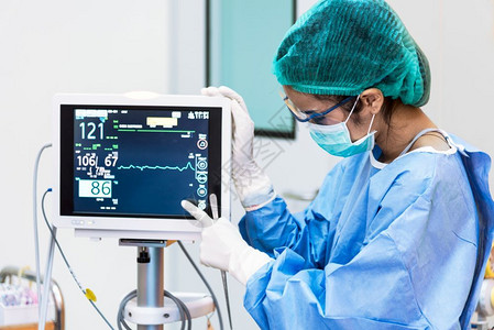 电科院关心紧急情况面具健康护理和医疗概念院与人的主题在手术室中女医生指心率监测器妇科医生指在手术室的心脏速率监测器背景