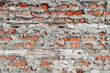 水泥或混凝土纹理背景等下层倒塌的一后面旧红色砖墙古董有质感的建筑学图片
