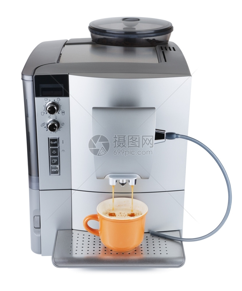 电的卡布奇诺加咖啡机用杯隔绝在白色上摩卡流动图片
