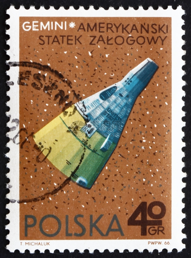 196年波兰印刷的章显示Gemini美国航天器196年circa一种载人老的图片