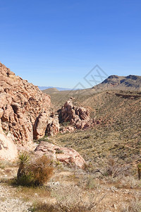 地面观察Mojave沙漠红岩峡谷的干地和红岩形成情况砂蓝色的图片