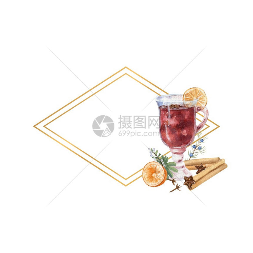 浆果装饰品几何金板配有一杯甜葡萄酒柠檬和冬季dcorcor水彩色插图几何金板配有水彩色一杯混合葡萄酒柠檬和冬季dcr自然图片