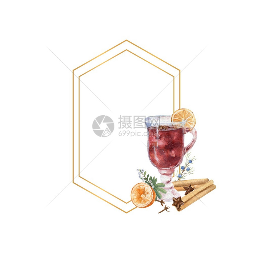 框架几何金板配有一杯甜葡萄酒柠檬和冬季dcorcor水彩色插图几何金板配有水彩色一杯混合葡萄酒柠檬和冬季dcr装饰品圣诞节图片