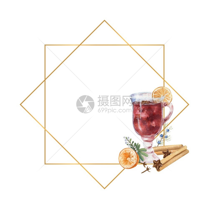 庆典白色的甘蔗几何金板配有一杯甜葡萄酒柠檬和冬季dcorcor水彩色插图几何金板配有水彩色一杯混合葡萄酒柠檬和冬季dcr图片