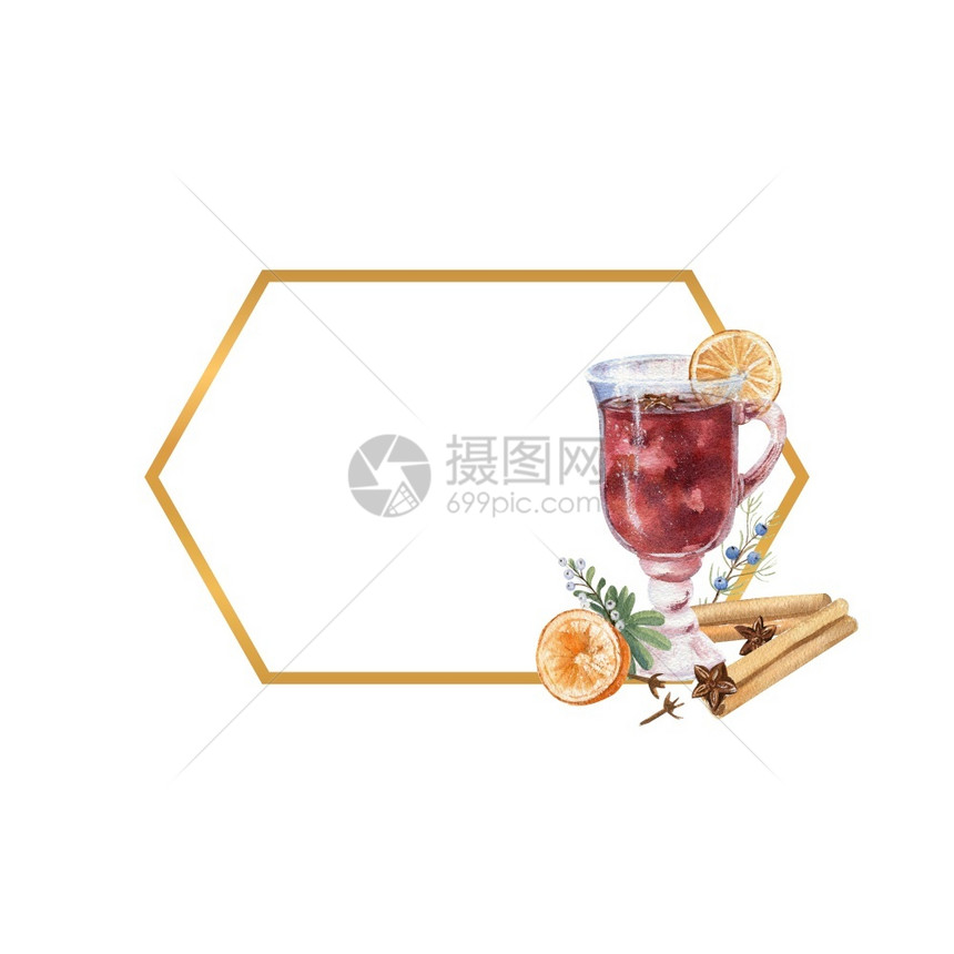 几何金板配有一杯甜葡萄酒柠檬和冬季dcorcor水彩色插图几何金板配有水彩色一杯混合葡萄酒柠檬和冬季dcr一种槲寄生糖果图片