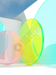 日光灯管彩色墙3D美人皮肤和保健产品日光背景下的三维夏季主题摘要圆心丙烯酸液粉末板显示几何的夏天设计图片