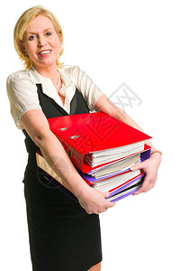 在职的人类女在大腿上持有文件夹白色孤立的背景图片