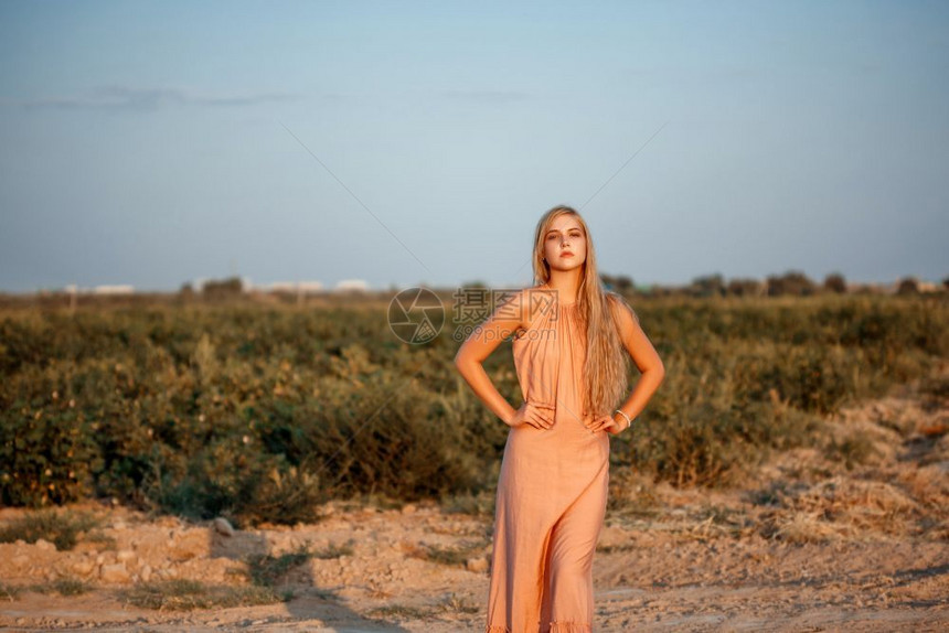 年轻的步行奢华一位年轻美丽的白人金发女肖像穿着粉红裙子在荒野中面对日落图片