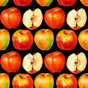 中戈里耶秋天黑色背景中分离的苹果整个成熟的水果和一半带有肉种子手绘苹果用于食品包装纺织的设计黑色背景中分离的苹果饮食自然插画