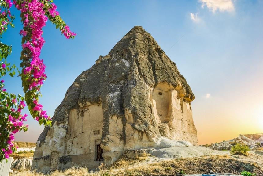 绽放岩石老的卡帕多西亚土耳其洞穴和花朵中的旧沙石洞穴和鲜花图片