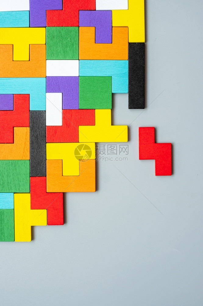 丰富多彩的具有色木拼图背景逻辑思维业务难题决策解方案理使命成功目标和战略概念的几何形状块谜游戏图片