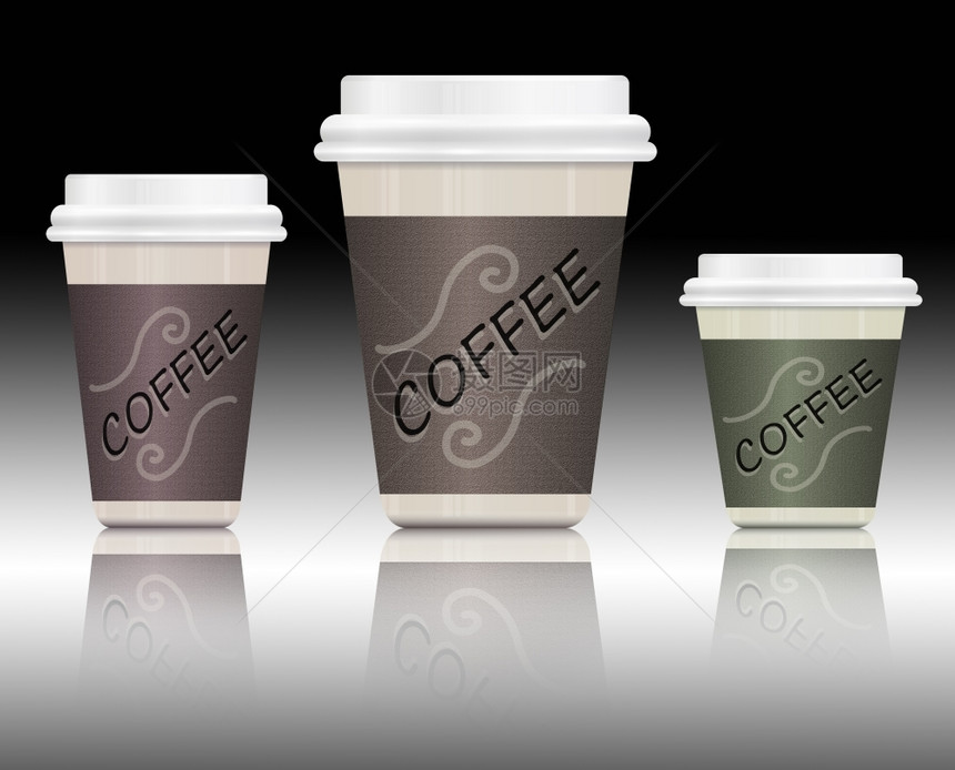 咖啡店说明三个大小各异的外送咖啡容器排列在单色背景上并反射到前景之下表层图示取出血管图片