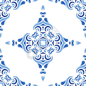 摩洛哥阿甘油打印主题蓝手和白绘制无缝装饰水彩色油漆图案Gorgeousdamask背景水彩色手画无缝蓝几何图案瓷砖设计表面马赛克设计图片
