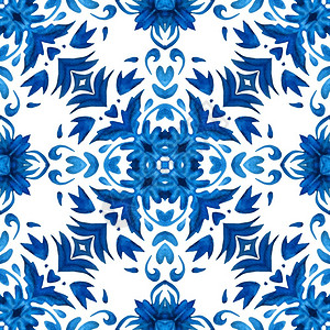印度式坐姿蔓藤花纹无缝蓝色花岗水彩地中海瓷砖设计无缝手绘水画型蓝白色和有花纹元素的紫蓝色和白装饰品奖章古董插画
