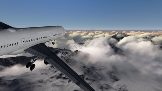 阿尔卑斯山风景白色客机以3D软件在山上蓝天飞行的白色客机户外图片