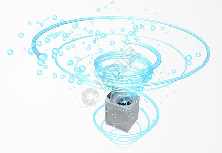 垂吊着的多面金属球运动液体洗衣机的顶视图门打开里面有一个螺旋形的蓝色水射流白背景中漂浮着气泡3D插图洗衣机门打开里面有一个蓝色的水射流在白背景插图设计图片
