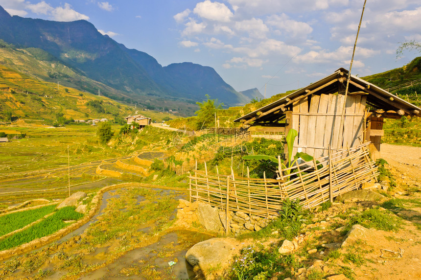 草印度支那越南萨帕山地部落水稻作物的仓库景观图片