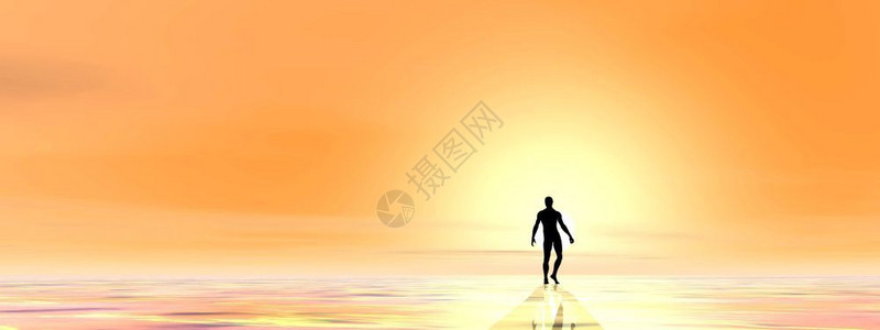 黄梦羡私房写真数字的逃脱复活一个男人在橙色背景下走向黄光的人小轮廓进入光3D设计图片