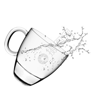 一杯水和溅在白色背景上生态纯化湿的设计图片