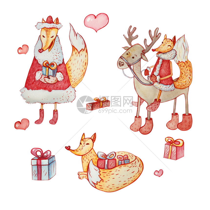 一套三只狡猾的狐狸和一头驯鹿配有礼品盒和心胸手套打印说谎图片