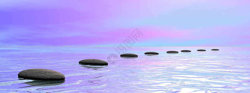 佛教冥想灰色石块在海面上走过粉红和蓝色云雾的日落天空治疗图片