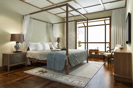 渲染3d在度假旅馆和村提供豪华热带卧室套房美丽的沙发图片