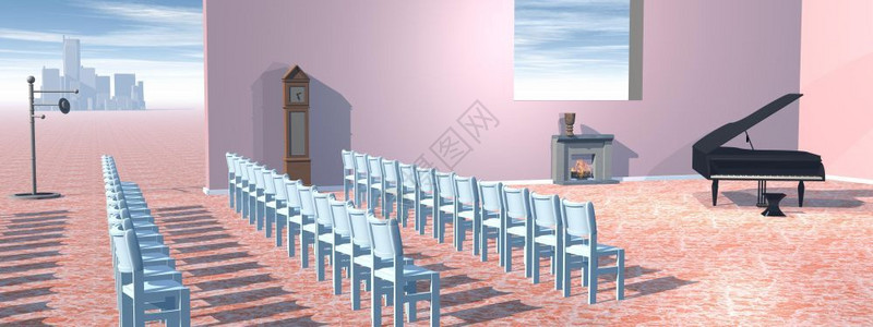 梦中旅行自然具有钢琴椅子消防场和时钟的超现实音乐厅云黑色的设计图片
