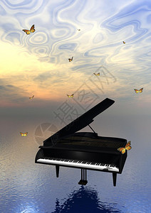 钢琴黑交响乐黑钢琴在海面上周围有很多美丽的蝴蝶包围着许多美丽的蝴蝶音乐之上插画