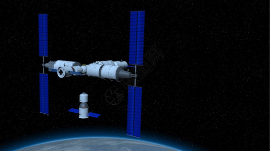 炸耦合宇宙黑色的神舟载人飞船在与天宫三号中的河核心舱耦合的方向空间站与行星地球在黑色空间与星背景3D插图神舟载人飞船在耦合到天宫三号的设计图片