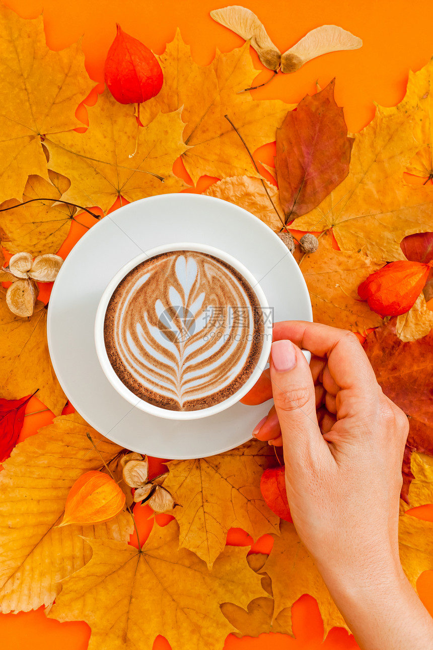 秋天背景上的咖啡拿铁图片
