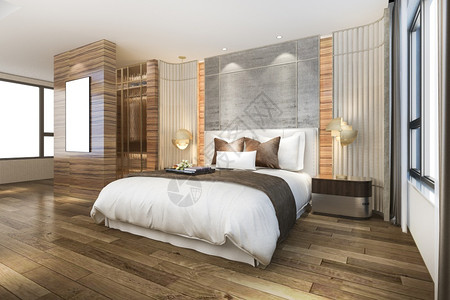 在酒店的素材地面阁楼3D在酒店提供漂亮的豪华卧室套房装有镜子衣柜灯设计图片