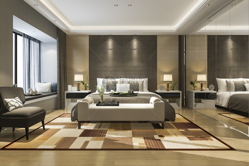 装饰风格家具3D在酒店提供漂亮的豪华卧室套房装有镜子衣柜建筑学图片