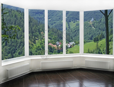 乡村的山景观窗外乡村房屋全山现代窗户俯瞰自然景观山中生活间谷游客范围图片