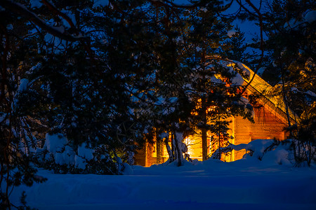 夜间冬季森林中的木房子夜雪中大量积的熔化岩层家仙女寒冷的背景图片