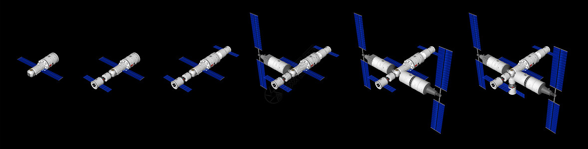 神舟二号部件全球的具有TIANHHE核心模块的3号空间站组装序列沈州载人航天船和黑色3D型天州自动补给车辆三维黑色背景3号空间站组装顺序设计图片