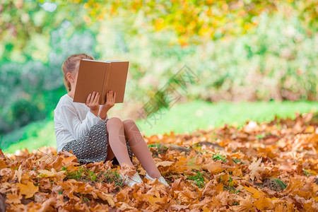 秋天小女孩坐在落叶上看书图片