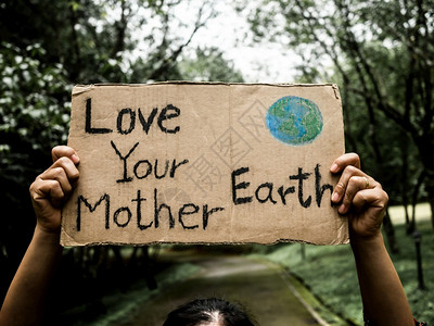抗议者一名持有自然保护标志的女愿者在森林中属于自然界世环境日的概念是世界环境日的理念之一关心种背景图片