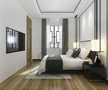 书3d提供美丽的最低奢华豪Asian卧室套房在酒店与电视干净的木头图片