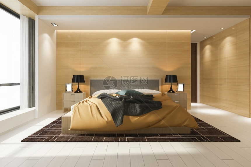 室内的床房间3d在最起码的旅馆提供美丽奢华豪黄色卧室套房图片