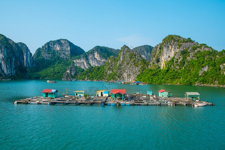 海景越南哈隆湾东亚的浮游渔村洲人海滨图片