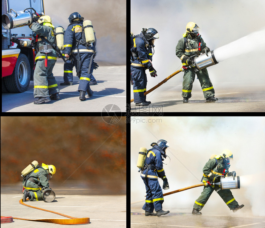 消防队员喷白色的一组火用烟雾中的泡沫灭火图片