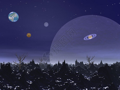 月亮谷极好的未来派夜色风景有尖利的岩石山脉枯树和行星世界设计图片