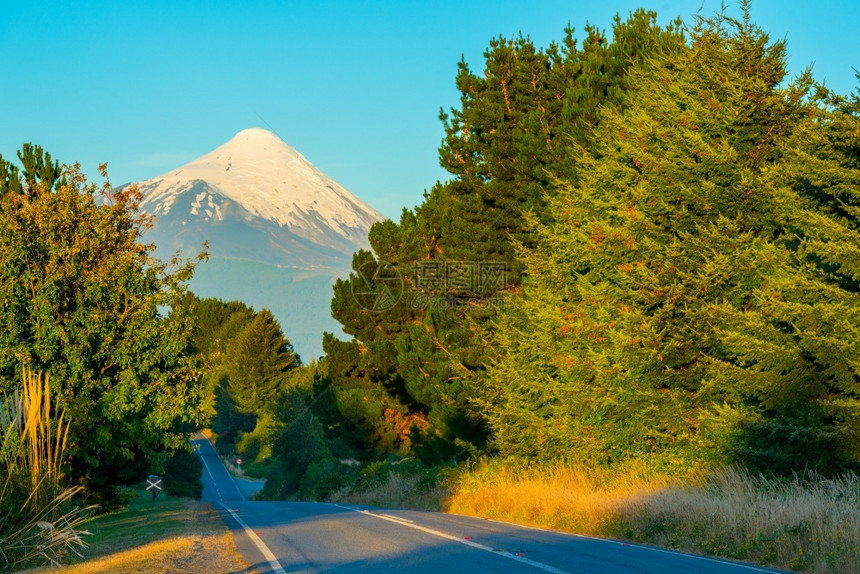 海岸智利Llanquihue湖边Varas港和Ensenada之间的公路后面有OsornoVolcano火山智利X区奥索尔诺瓦拉图片