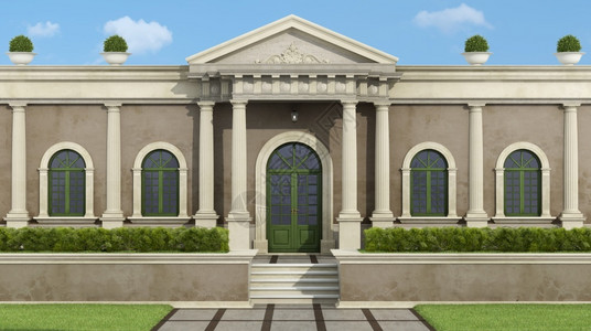 柱廊经典的门真实与新古典化别墅和豪华花园的面孔3D造新古典化别墅和花园设计图片