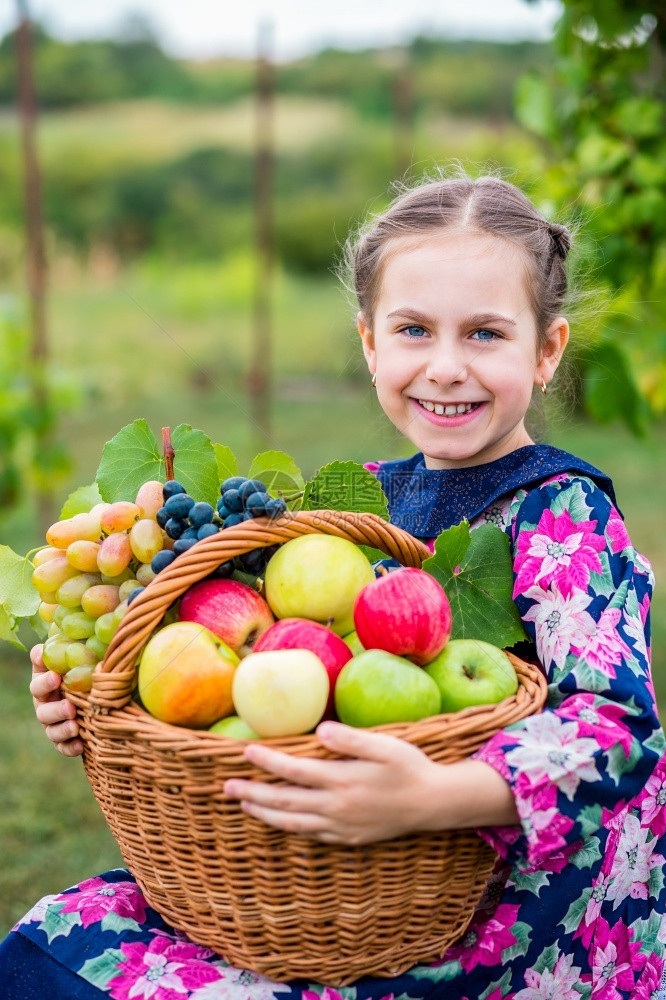 果园里抱着果篮的小女孩图片