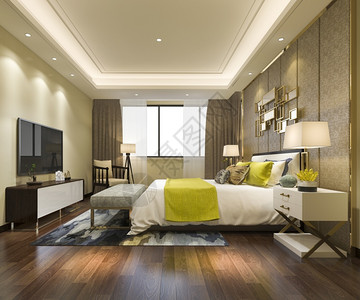 现代的工作木头3d提供美丽的豪华卧室套房在酒店与电视图片