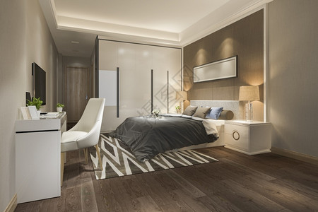桌子灯3d提供美丽的豪华卧室套房在酒店与电视放松图片