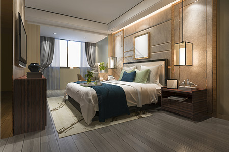 白色的地面3d提供美丽的豪华卧室套房在酒店与电视家具背景图片