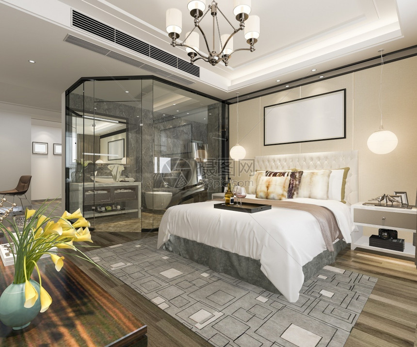 3d提供现代豪华卧室套房和浴内部的框架装饰风格图片