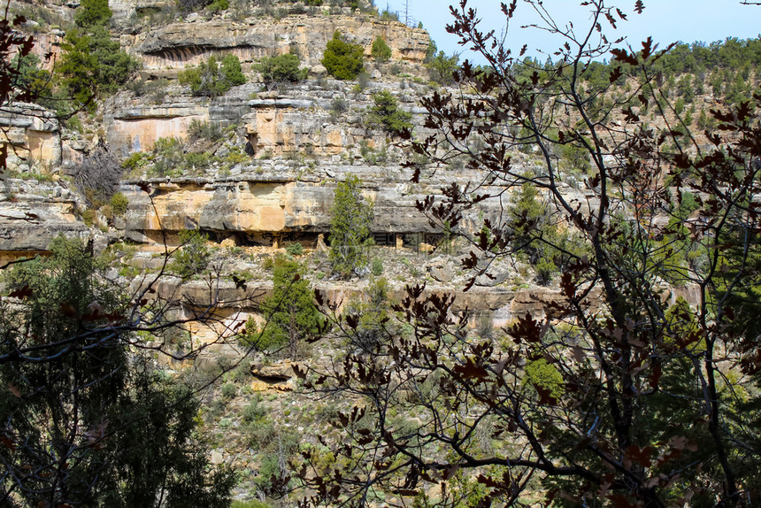 远足山腰亚利桑那州弗拉格斯塔夫WalnutCanyon纪念碑峡谷对面的美洲土著山边居民废墟图片